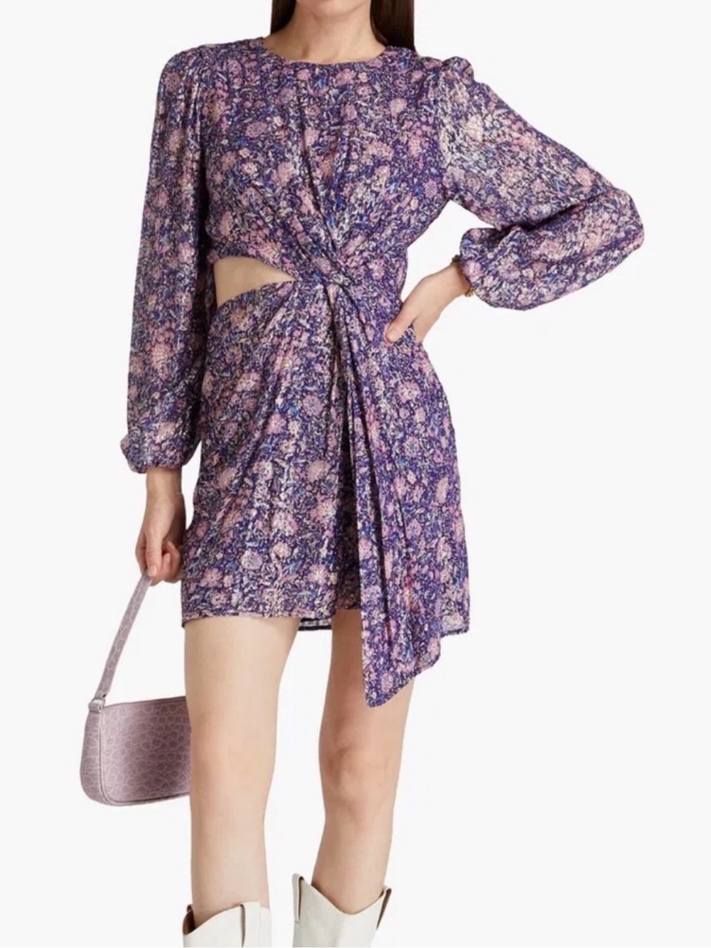 New Maje Dahlia Violet Metallic Printed Viscose Dress Long Sleeve Side Cutout 40